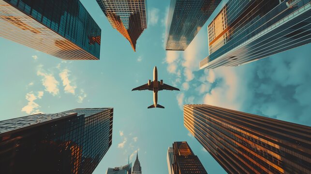 Urban landscape with airplanes hovering over skyscrapers