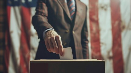 Close-up of male hand putting voting card into the ballot box, Presidential election in United States of America. Ballot box on USA flag background.