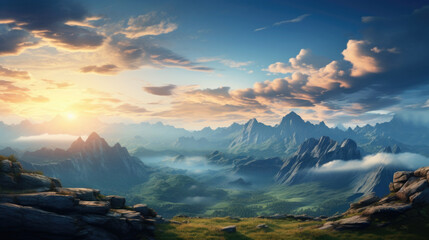 Wall Mural - Breathtaking view of vibrant sunrise or sunset over rugged mountain peaks with clouds