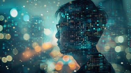 Double exposure of a coder and binary code, showcasing expertise in digital programming and data manipulation.