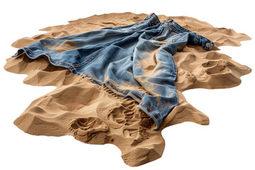 Crumpled denim jeans with a trail of footprints in the sand isolated on transparent background, png file