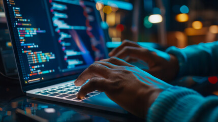 Developer Coding on Laptop. Close-up of a developer's hands typing code on a sleek laptop, highlighting programming and technology in a modern workspace.