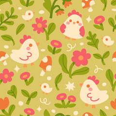 Wall Mural - Vector seamless pattern with cute chickens and botanical elements. Hand drawn illustration with cartoon style for print, fabric, textile.