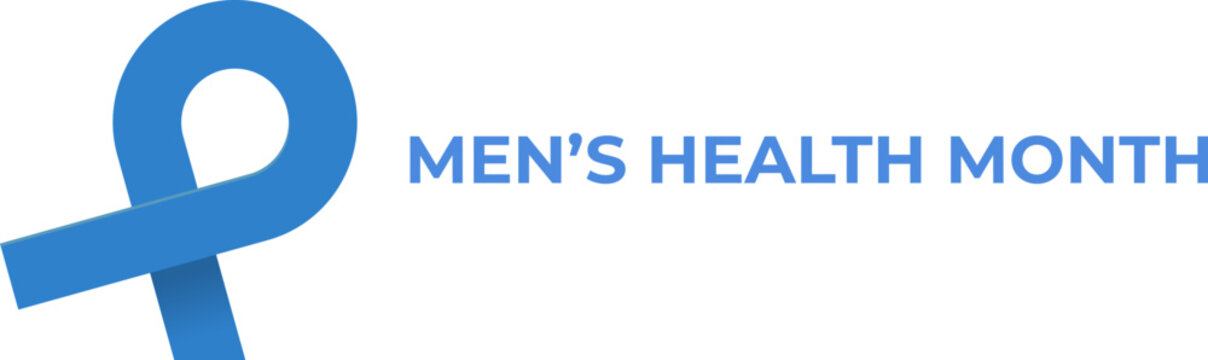 Mens health month concept horizontal banner design template with blue ribbon and text isolated on white background. June is national mens health awareness month vector flyer or poster