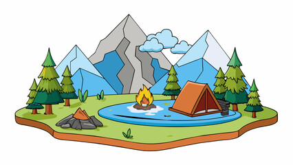 Sticker - A camping trip in the mountains You embark on a rugged adventure into the mountains where tall pine trees blanket the landscape. The air is crisp and. Cartoon Vector