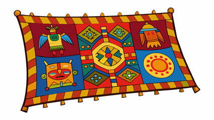 Wall Mural - A colorful handwoven tapestry that serves as both a decorative piece and a storytelling medium portraying cultural myths and legends through intricate. Cartoon Vector