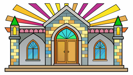 Poster - A historic stone building with intricate carvings and a grand entrance. The tall narrow windows are adorned with stained glass allowing colorful rays. Cartoon Vector