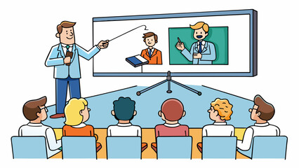 Sticker - A large projector screen hung from the ceiling displaying a series of slides as the lecturer clicked through them with a remote. The room was silent. Cartoon Vector