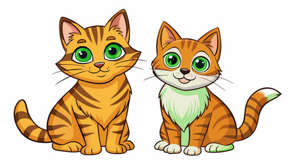 Poster - A pair of friendly tabby cats The first has a short shiny coat and big golden eyes while the second has a longer fluffy coat and deep green eyes. They. Cartoon Vector