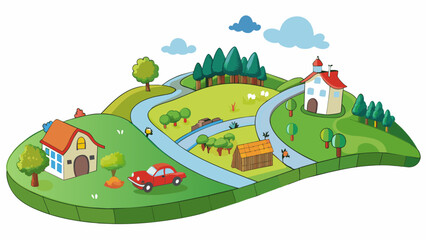 Sticker - A road trip through the countryside As you drive through the countryside rolling hills and sprawling fields fill the horizon. Trees of various shades. Cartoon Vector