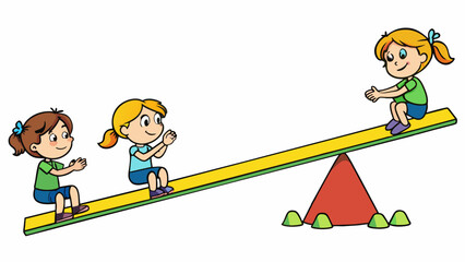 Wall Mural - A seesaw sits evenly on the ground with two children sitting on opposite ends. As one child pushes off the ground the other rises upwards finding. Cartoon Vector