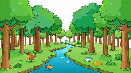 Wall Mural - A serene forest scene shows tall trees with rich green leaves and dappled sunlight filtering through. A small stream runs through the center its. Cartoon Vector