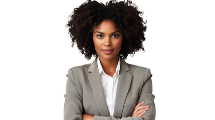 Business woman portrait isolated on white transparent background, Afro businesswoman in suit, crossed arms, PNG