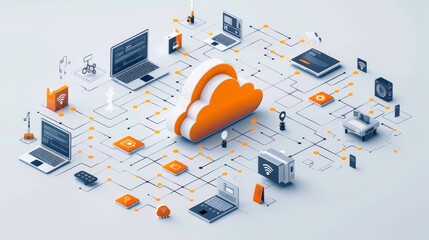 An infographic depicting the process of cloud computing with interconnected devices and data transfer icons.