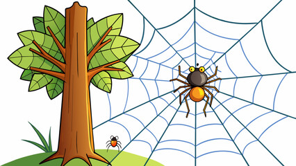 Wall Mural - A spiders web spanning across two trees glistening in the sunlight. In the center of the web a fat fly is tangled in the sticky threads unable to. Cartoon Vector