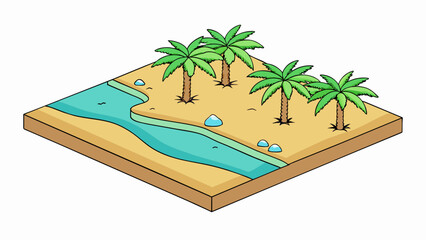 Canvas Print - A stretch of sandy beach lined with palm trees and turquoise waters. The land is flat and soft perfect for leisurely walks or sun.. Cartoon Vector