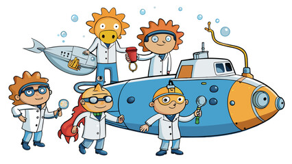 Wall Mural - A team of scientists embark on a mission to find a new species of deepsea creatures. They use specialized equipment that can withstand the high. Cartoon Vector