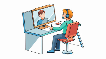 Poster - At a virtual training session a person is using a computer and headset to participate in a webinar. The room is quiet and has a whiteboard for. Cartoon Vector