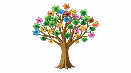 Poster - A tall leafy tree with sprawling branches providing shade over a group of colorful and diverse flowers below.. Cartoon Vector