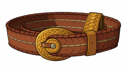 Wall Mural - A wide brown belt made of woven fabric with a large brass buckle. The fabric has a textured almost tribal pattern and the edges are frayed. The buckle. Cartoon Vector