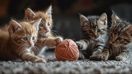 Wall Mural - A playful group of kittens batting at a ball of yarn, their paws swiping at it with unrestrained enthusiasm.