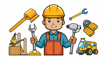 Sticker - Construction Worker Construction workers use a variety of tools and equipment to build and repair structures. These can include hammers saws drills. Cartoon Vector