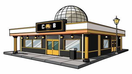 Sticker - Nestled in a bustling street Club B has a minimalistic exterior with a black and gold marquee. Upon entering guests are greeted by a sleek and modern. Cartoon Vector