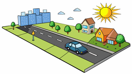 Sticker - The black asphalt of the road absorbed the suns heat throughout the day resulting in a noticeably warmer temperature in the city compared to nearby. Cartoon Vector