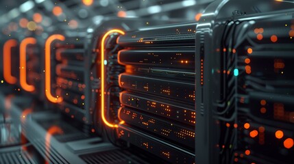 Leinwandbilder - Modern computing server cooled in immersion fluid, gentle waves, dark green theme with orange accents, futuristic, high tech, minimalistic. Generative AI.