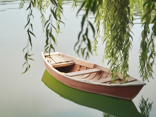 Wall Mural - In the green willow tree, there is an ancient wooden boat on the calm lake surface. 