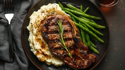 Wall Mural - Top-down shot of a juicy pork steak, served with creamy mashed potatoes and a side of green beans.