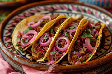 Wall Mural - Top view of meat and pink pickled onion tacos. Generative Ai