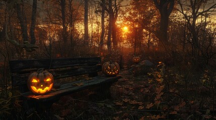 Wall Mural - A spooky forest sunset with a haunted evil glowing eyes of Jack O' Lanterns on the left of a wooden bench on a scary halloween night