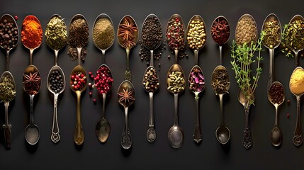 Sticker - Assorted colorful spices arranged in vintage spoons. Culinary and cooking concept. Top view and dark background. AI