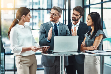 Leinwandbilder - Business man, laptop and meeting with group for presentation of ideas, proposal and questions at job. People, team and leader in discussion, brainstorming or listen with computer at insurance agency