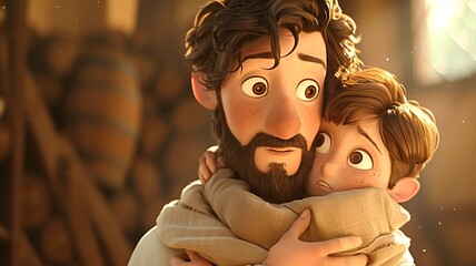 Visualize a lively cartoon representation showcasing the emotional embrace between Jacob and Esau after years of separation, symbolizing forgiveness and a joyous reunion in a dynamic