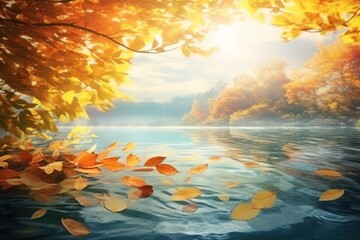 Wall Mural - Autumn background with yellow leaves and water surface.