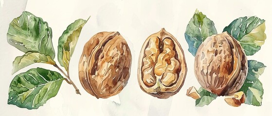 Wall Mural - Juglans microcarpa Texas walnut Fruit in Stunning Watercolor.