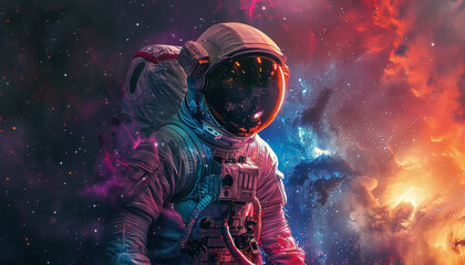 Wall Mural - a colorful astronaut is reaching out to a glowing cloud of colorful gas by ai generated image