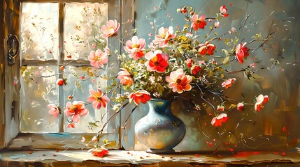 Poster - Beautiful painting of a vibrant floral arrangement with red flowers in a vase by a window. Artistic still life decor. AI