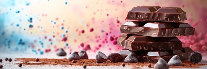 Stacked chocolate bars with colorful background