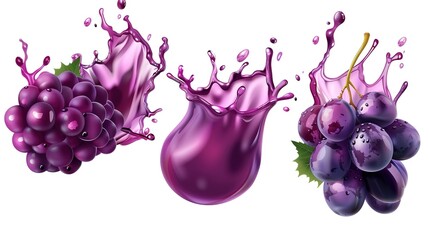 Wall Mural - Dynamic purple grapes and juice splash on white background