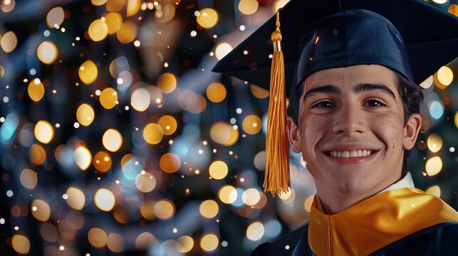 Smiling graduate in cap and gown with golden tassel