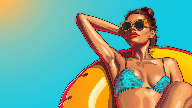 Pop art woman tourist in sunglasses enjoying summer vacation while sitting on inflatable swimming circle on isolated blue background retro comic style. Social media brochure magazine cover background
