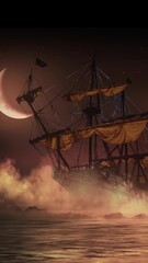 Wall Mural - vertical ghost ship foggy night 4k features a ghostly ship rocking on the water with foggy mist roll