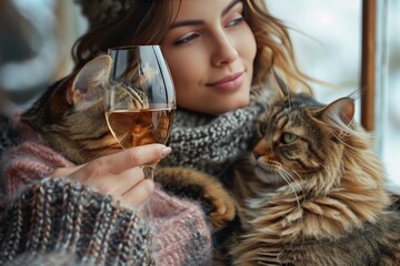 Young woman with a cat and glasses of wine near the window