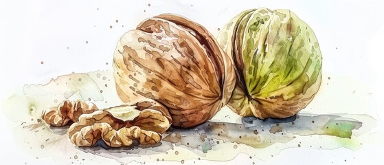 Poster - Juglans regia English walnut Fruit in Stunning Watercolor.