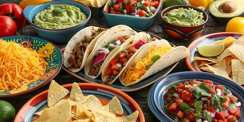 Wall Mural - Colorful Mexican spread with classic dishes like tacos salsa guacamole and chips. Concept Mexican Cuisine, Tacos, Salsa, Guacamole, Chips