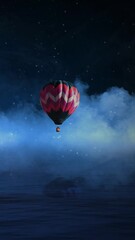 Wall Mural - vertical hot air balloon over fog water 4k features an ocean or lake with rolling clouds and a hot a