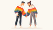 © JoeCreativeLab - A vector image of an LGBTQ+ couple holding hands, each person wearing clothes in the colors of the rainbow flag. The simple flat design style on a white background